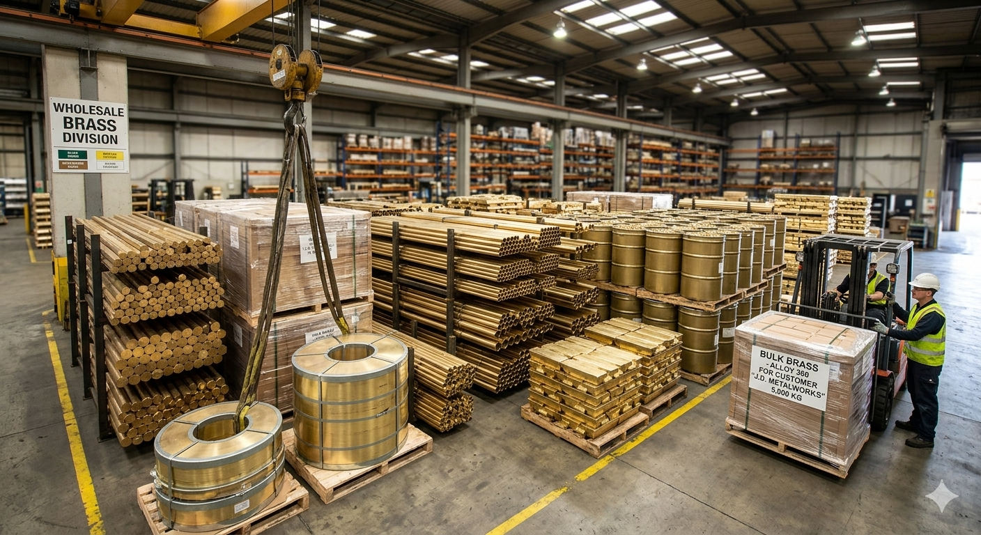 Wholesale brass warehouse with rods, coils, and bulk stock meeting specified copper-zinc chemistry for programs up to 30 MT per month
